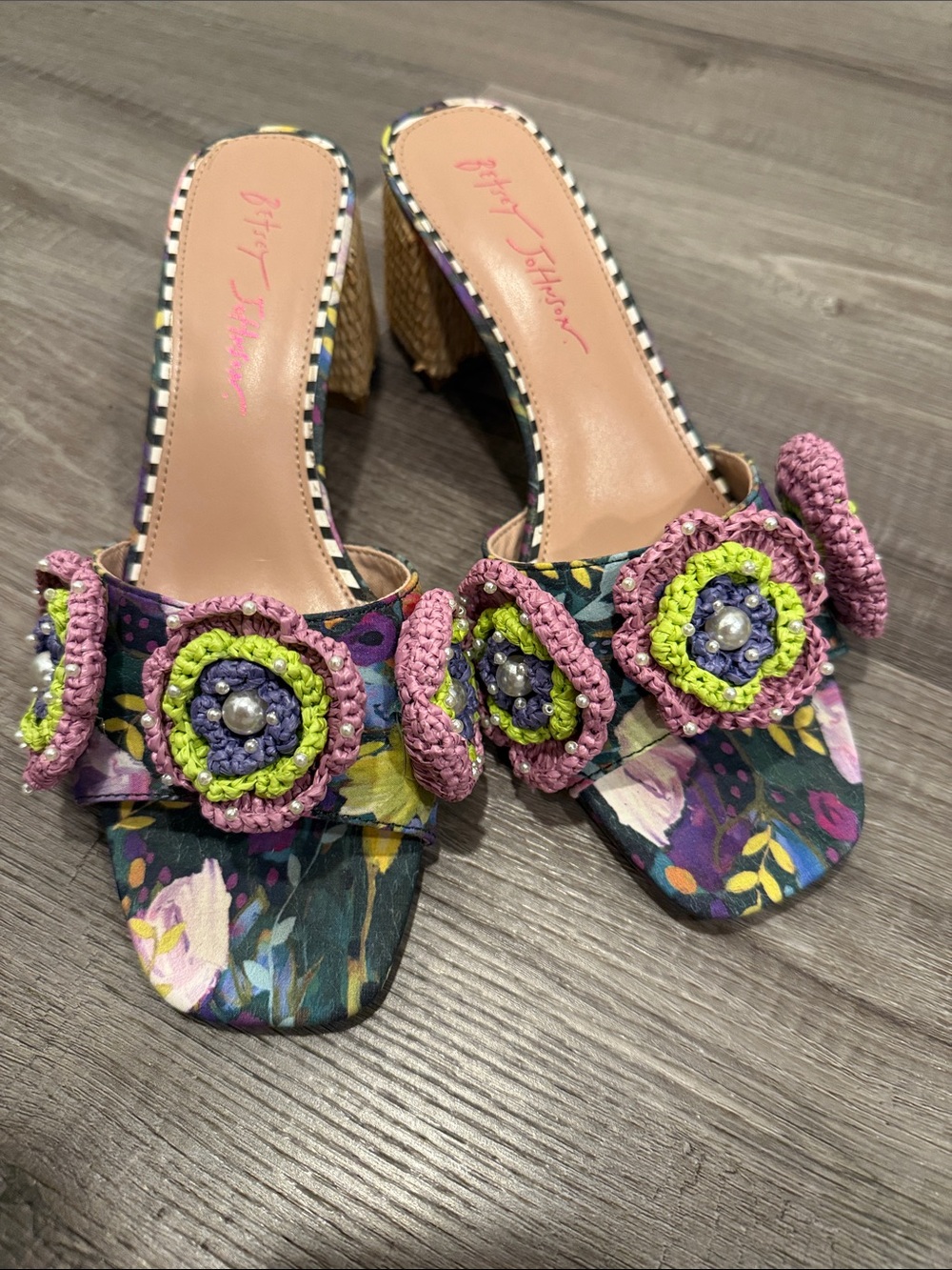 Betsey Johnson Floral Crochet Slide Mules in Pink, Green & Purple